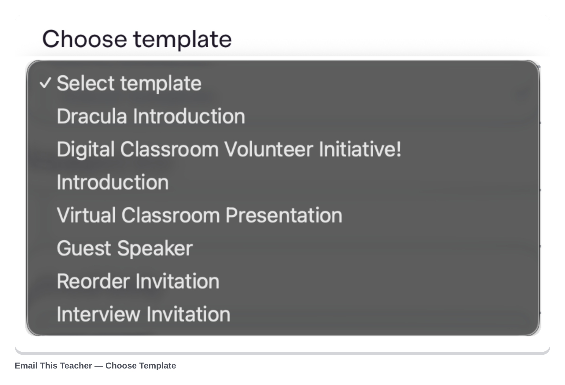 Screenshot showing the Choose Template dropdown with prebuilt email options
