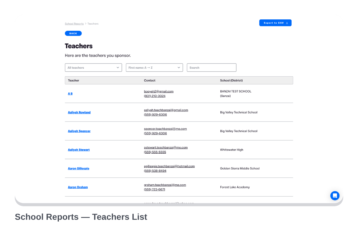Screenshot of the Teachers list in the Banzai Manager