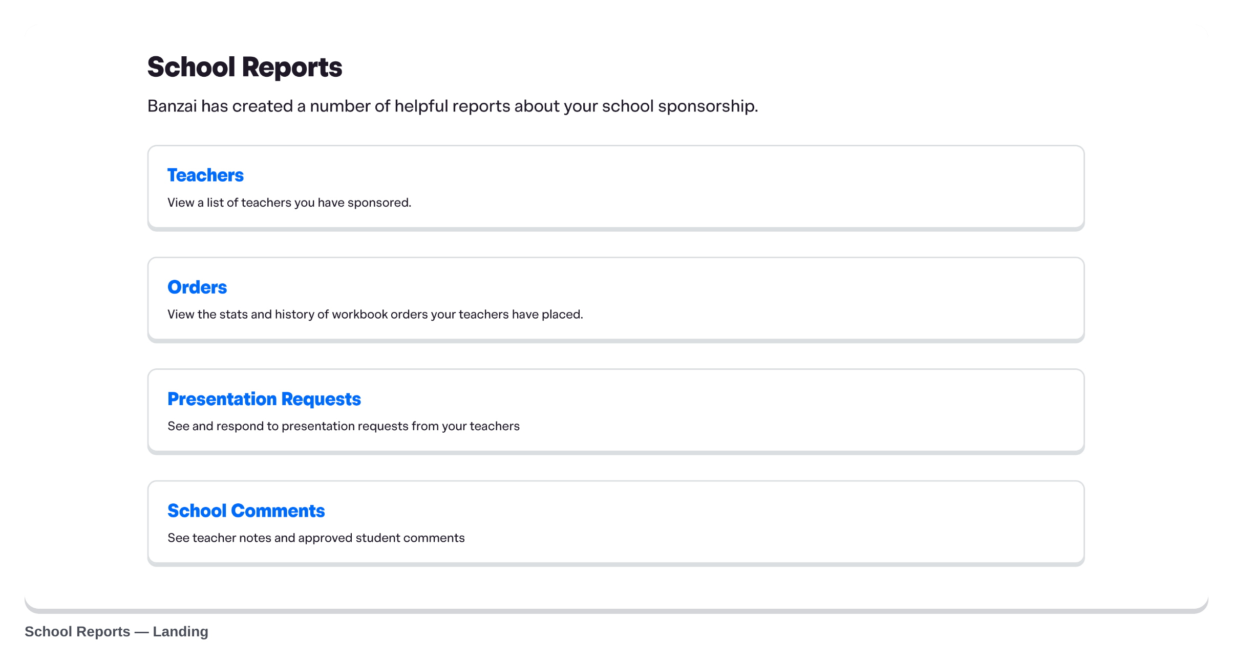 Screenshot of the School Dashboard in the Banzai Manager