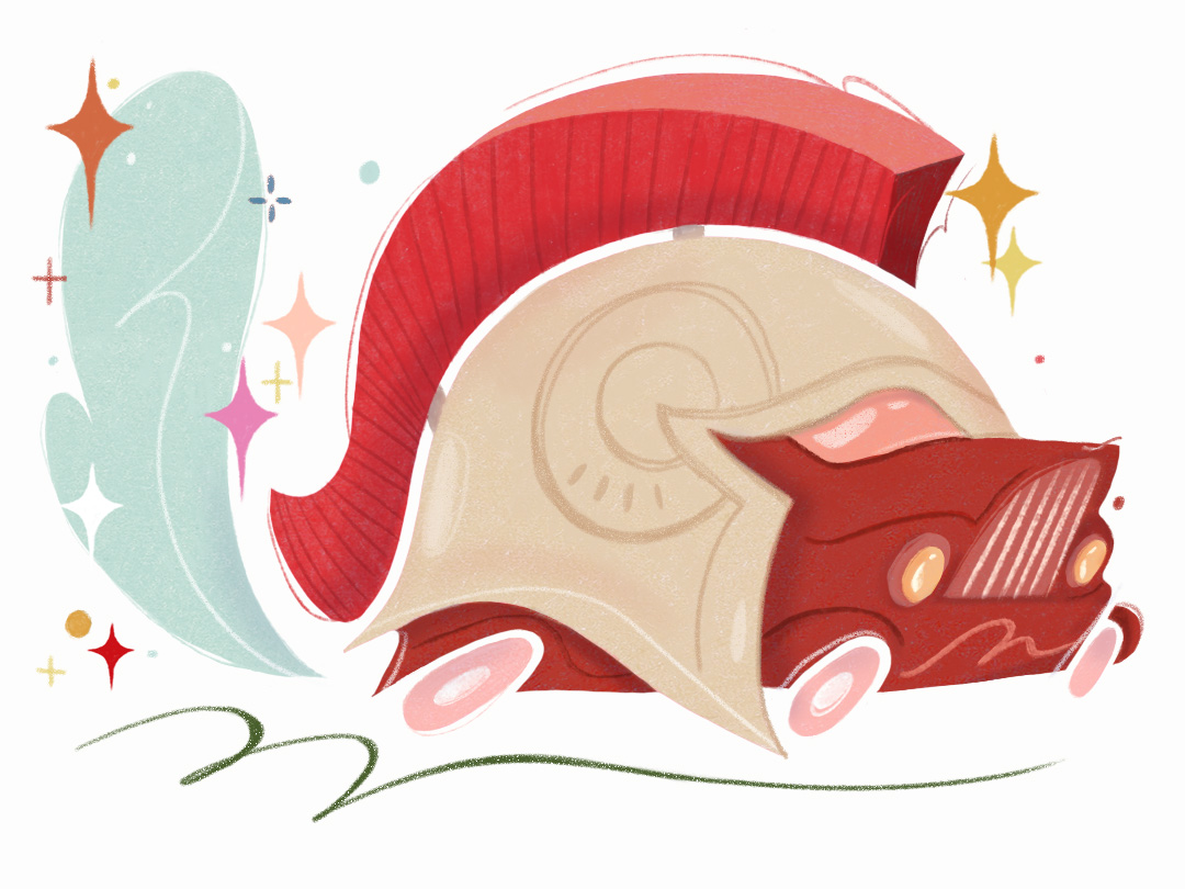 A car wearing a roman-style helmet.