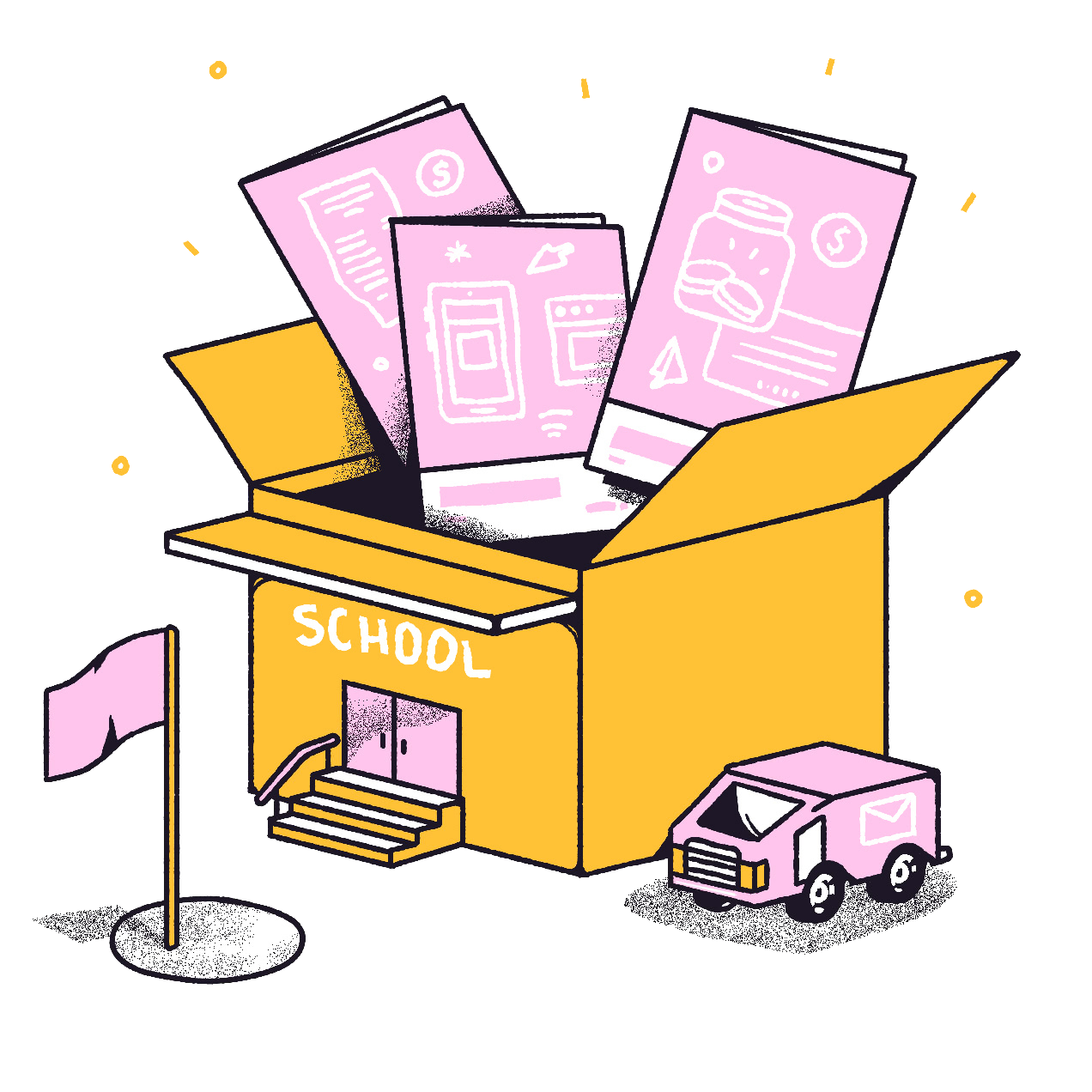 Banzai workbooks in a box shaped like a school, with a delivery truck