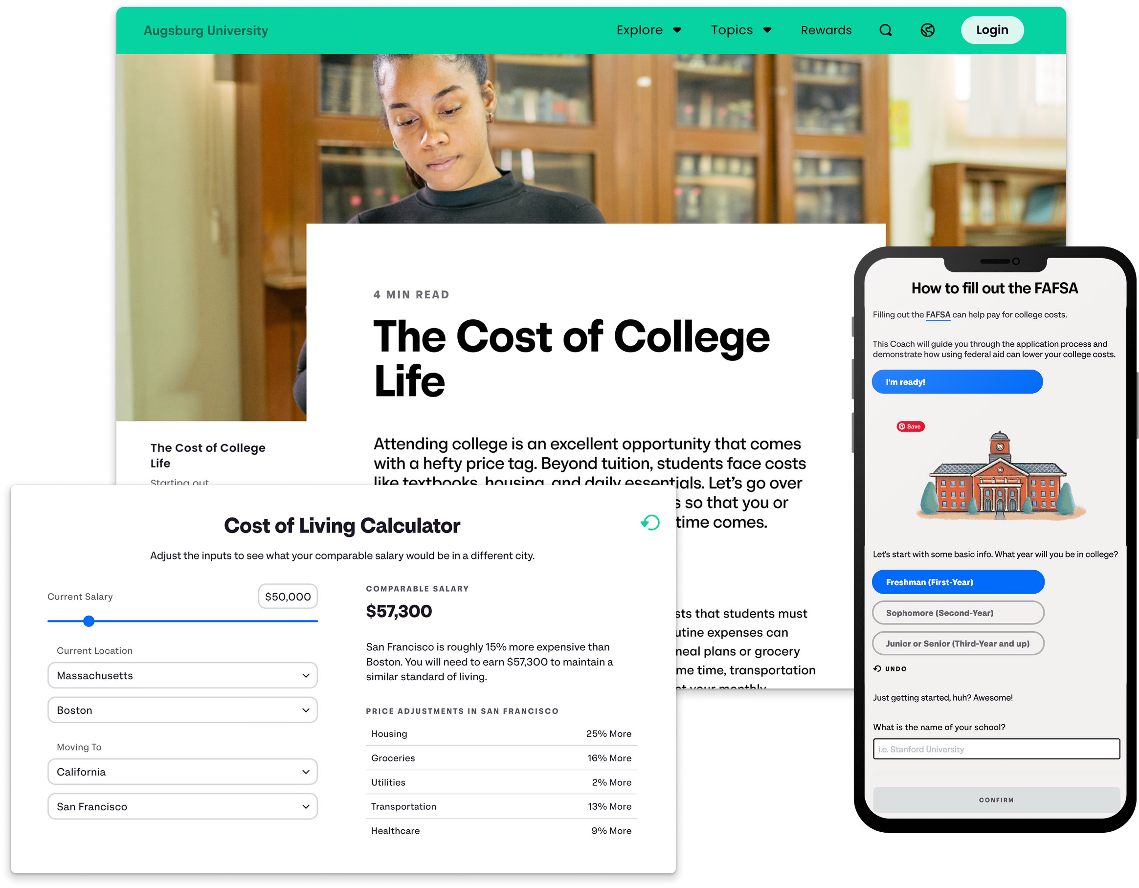 Financial Wellness Center showing articles, calculators, and coaching
