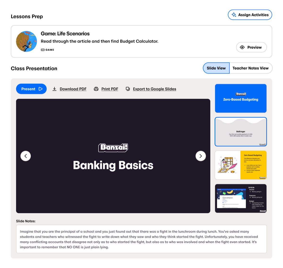 A Banzai lesson plan with Lesson Prep activities and the Class Presentation slide viewer