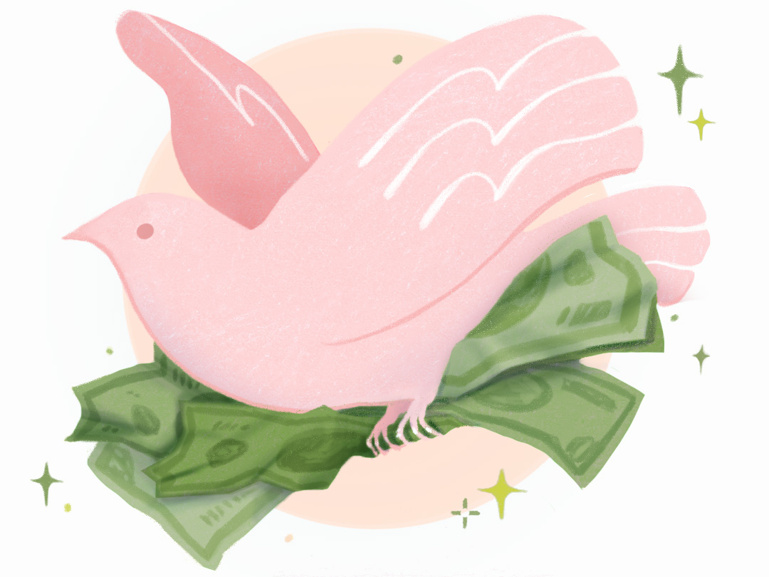 A dove carrying cash.